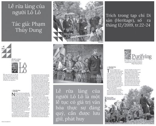 Văn bản Lễ rửa làng của người Lô Lô của tác giả Phạm Thùy Dung được đăng tải trên tạp chí Di sản, tháng 12/ 2019