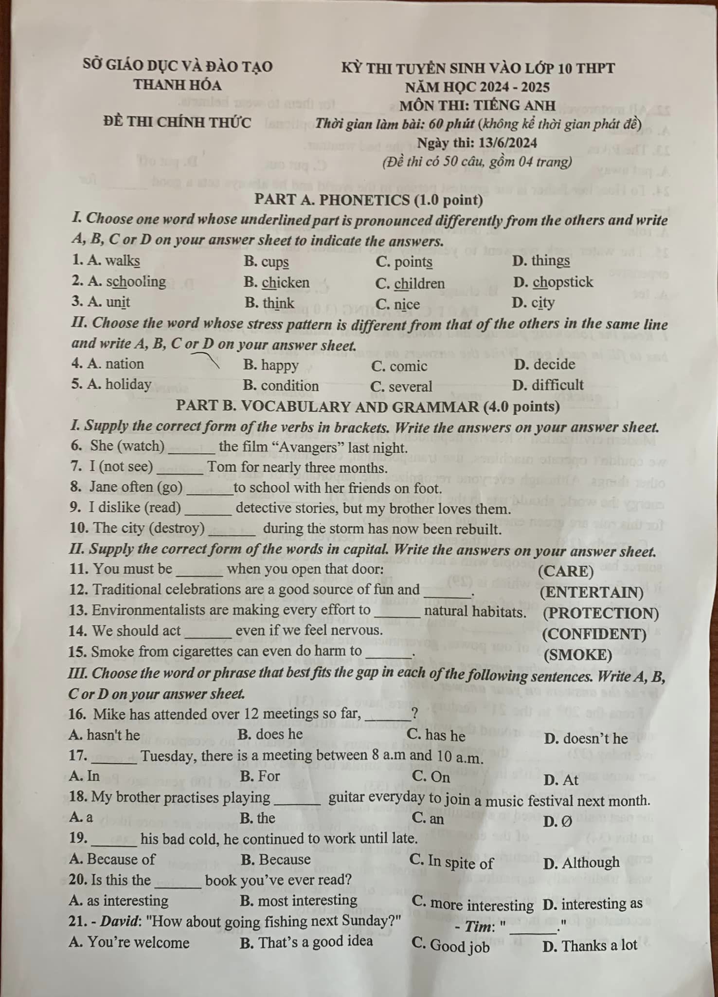 Đề thi tiếng Anh vào 10 tỉnh Thanh Hóa năm 2024 - 2025 (trang 1)