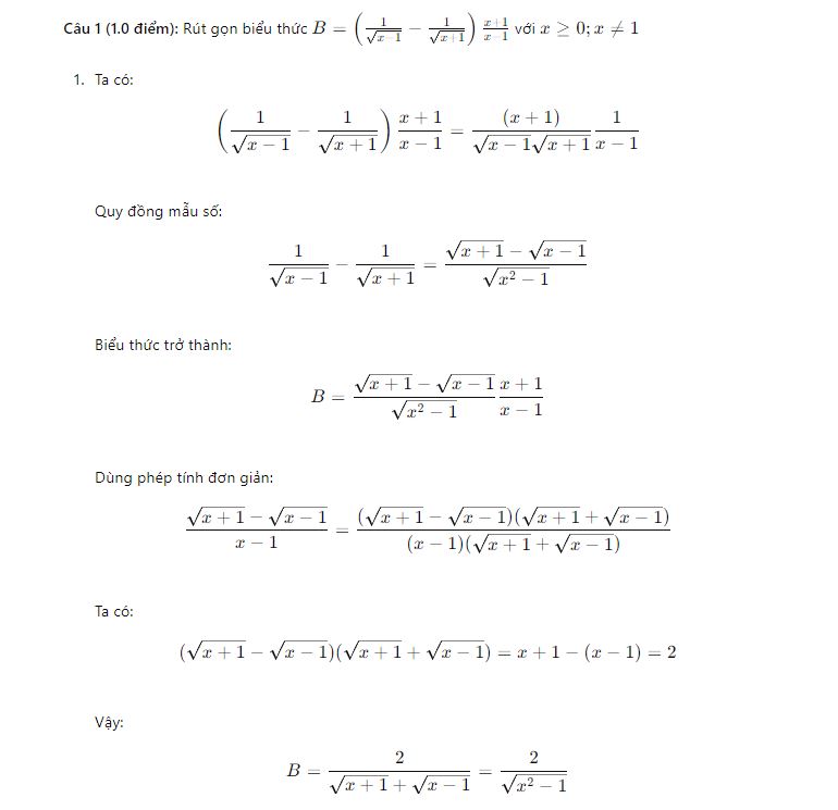 Đáp án câu 1 - Phần tự luận - đề thi tuyển sinh vào 10 môn Toán Bắc Ninh 2024 - 2025