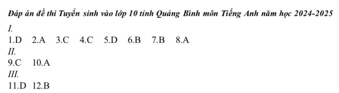 Đáp án đề thi Tuyển sinh vào lớp 10 tỉnh Quảng Bình môn Tiếng Anh năm học 2024 – 2025