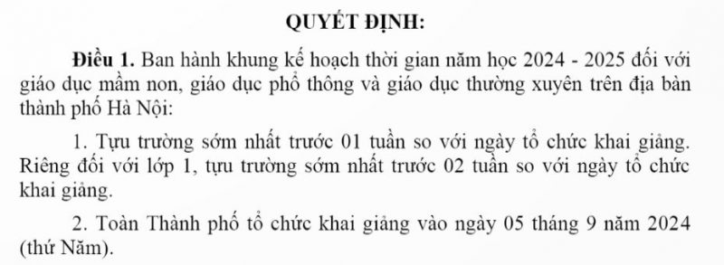 Lịch khai giảng năm học 2024 – 2025 tại Hà Nội theo lịch Bộ GD&ĐT