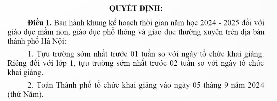 Lịch khai giảng năm học 2024 – 2025 tại Hà Nội theo lịch Bộ GD&ĐT