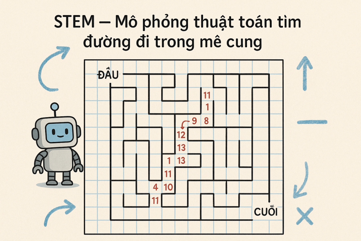 Ảnh minh họa cho sản phẩm STEM Toán lớp 6 "Mô phỏng thuật toán tìm đường trong mê cung"