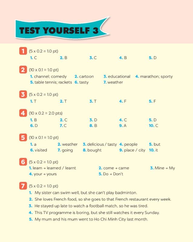 Đáp án Test Yourself 3 sách bài tập tiếng Anh 6 Global Success