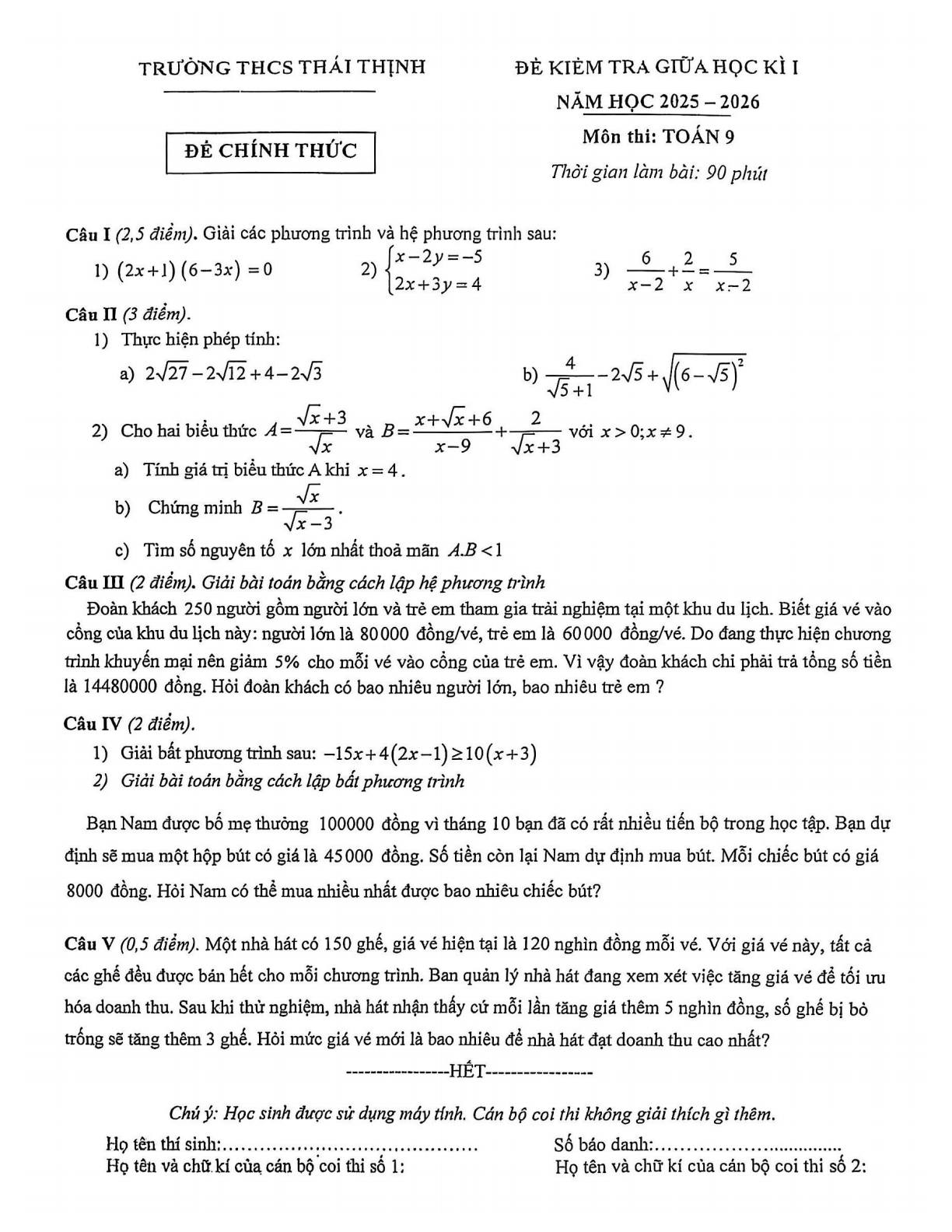 Đề thi giữa kì I Toán lớp 9 số 4