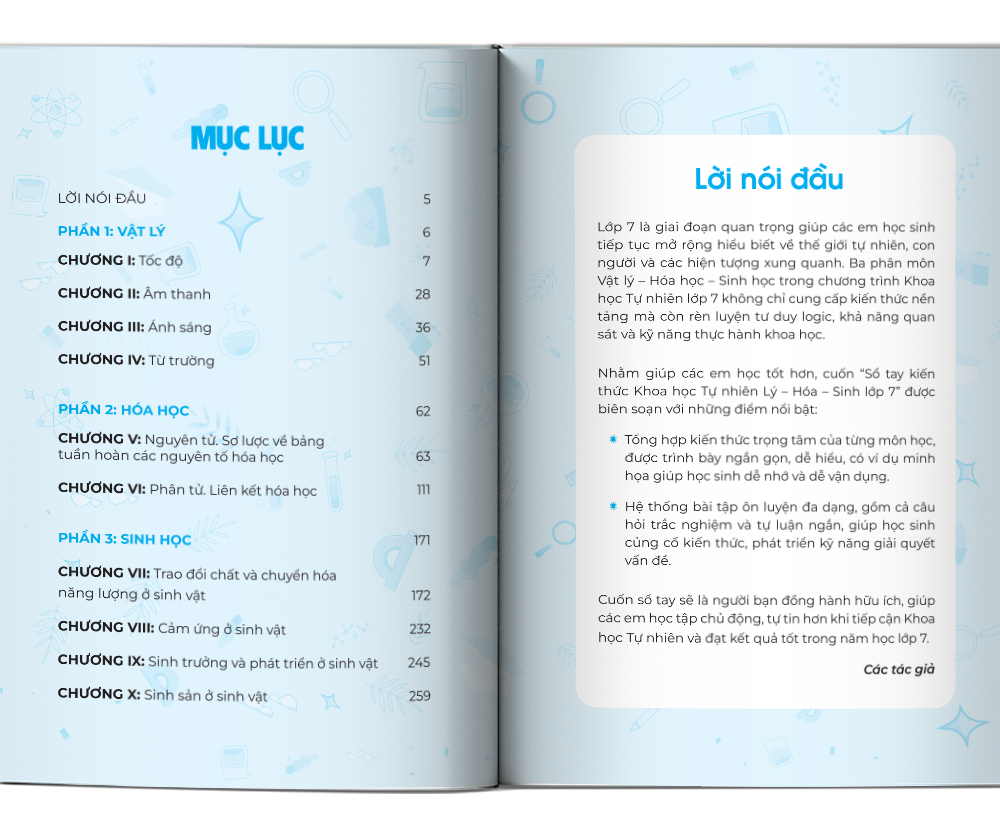 Mục lục Sổ tay kiến thức khoa học tự nhiên Lý - Hóa - Sinh lớp 7