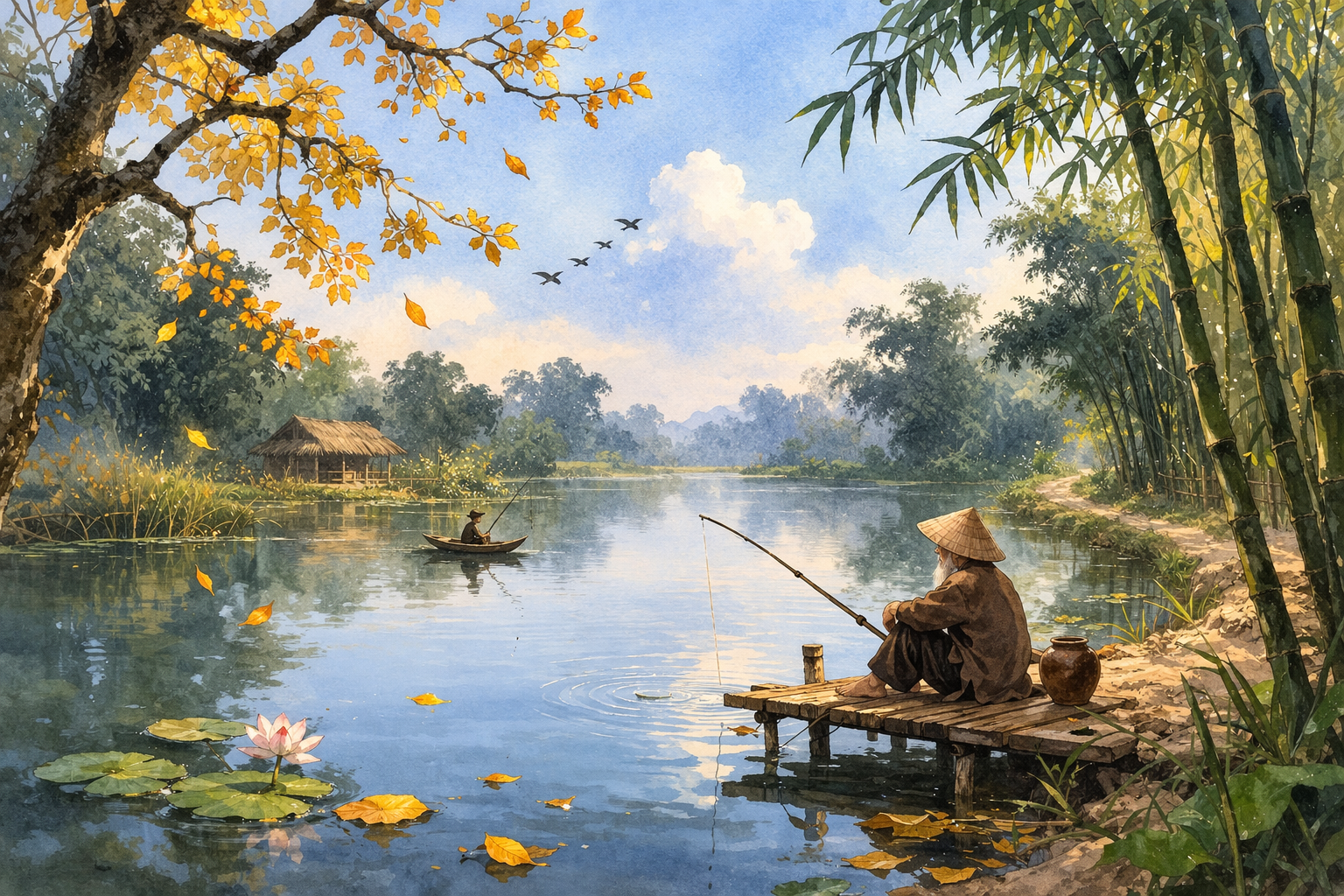 Ảnh minh họa cho bài thơ Thu Điếu của nhà thơ Nguyễn Khuyến