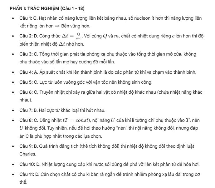 Đáp án môn Vật Lí - phần 1