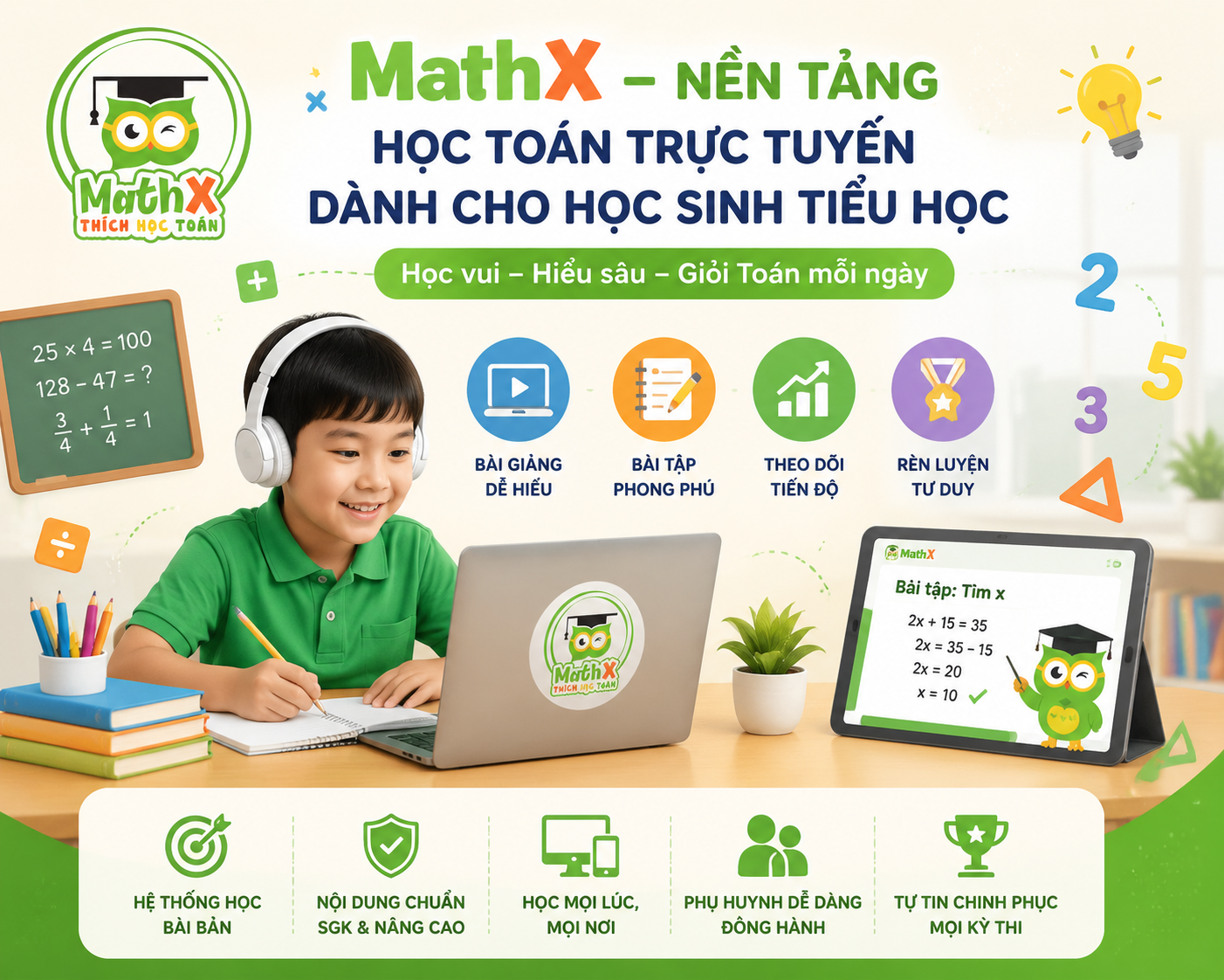 MathX là nền tảng học Toán trực tuyến dành cho học sinh phổ thông từ lớp 3 đến lớp 9