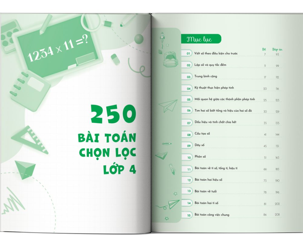 Mục lục của cuốn sách 250 bài toán chọn lọc lớp 4