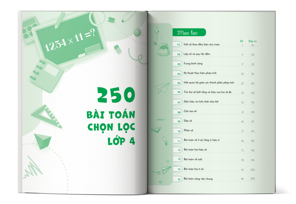 Mục lục của cuốn sách 250 bài toán chọn lọc lớp 4