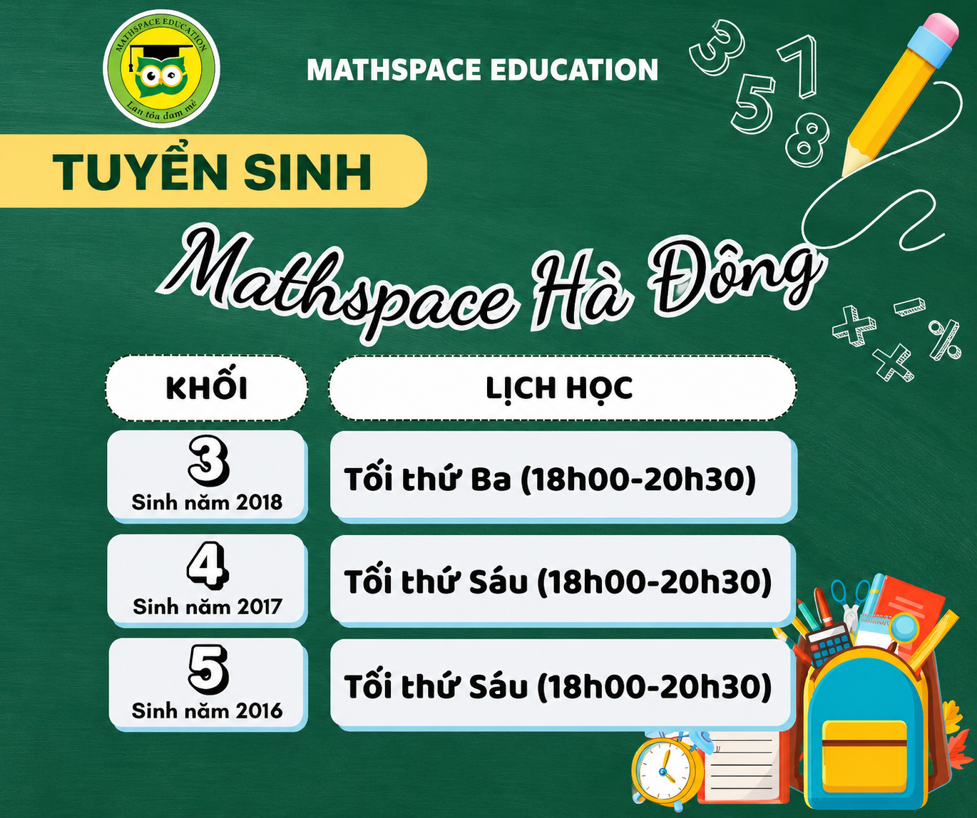 Các lớp và lịch học tại Mathspace cơ sở Hà Đông