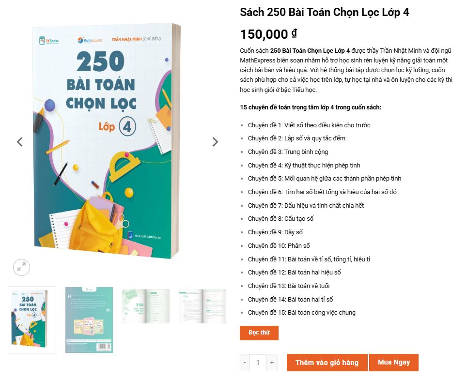 Phụ huynh có thể mua 250+ bài toán chọn lọc lớp 4 tại website chính thức của TKBooks