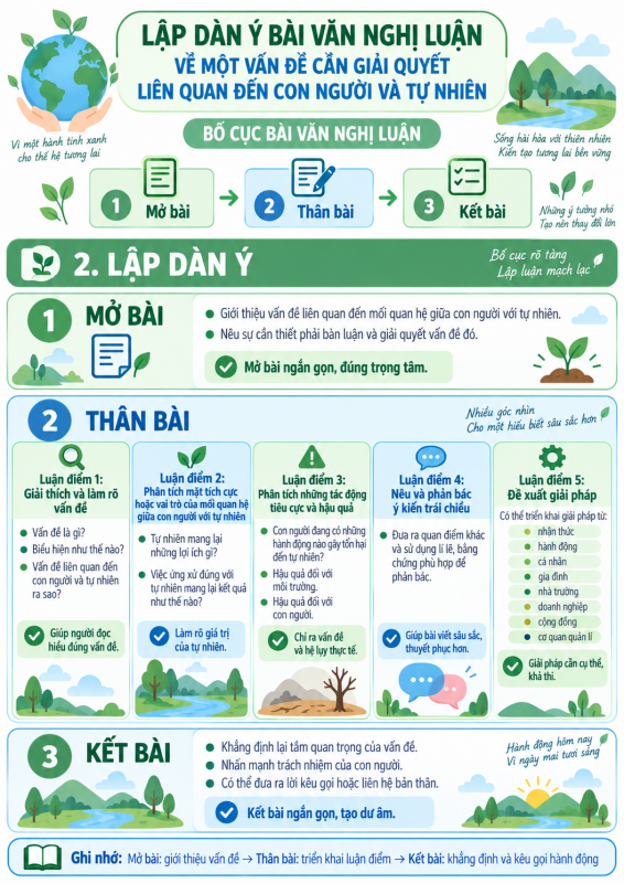 Dàn ý bài văn nghị luận về một vấn đề cần giải quyết (con người trong mối quan hệ với tự nhiên)