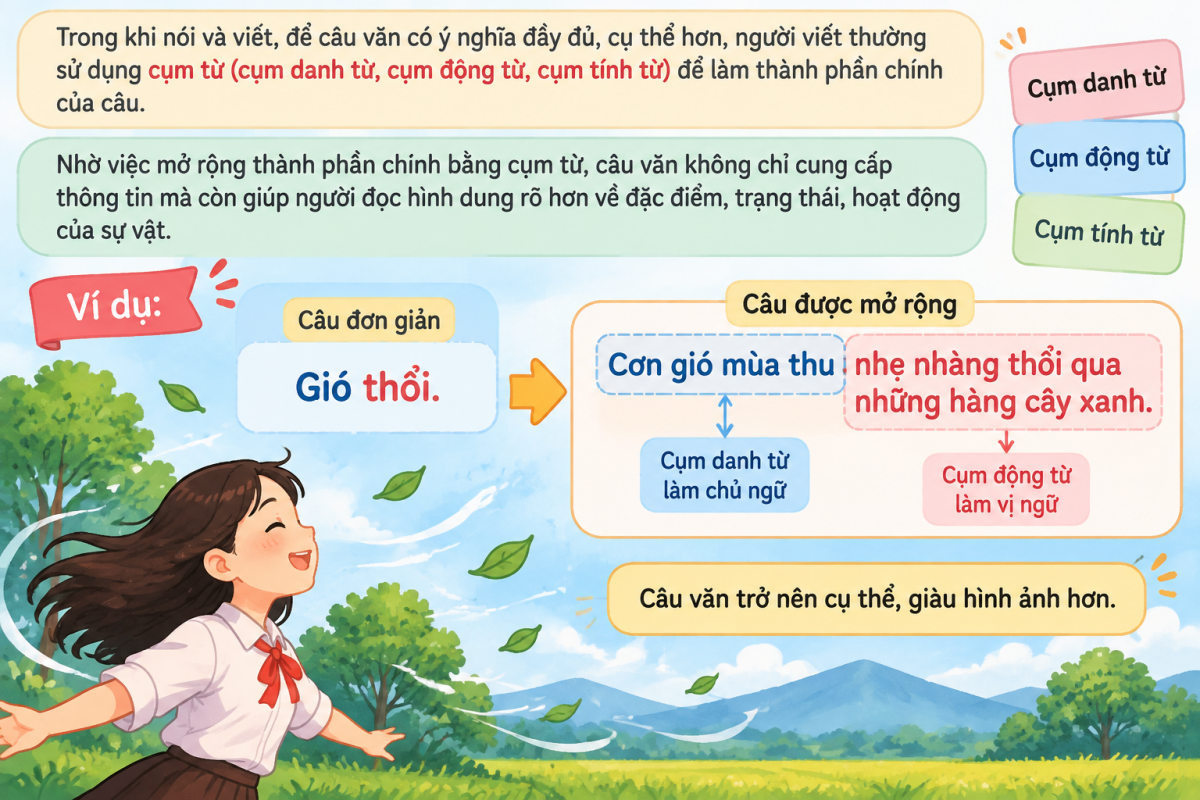 Kiến thức về mở rộng thành phần chính của câu bằng cụm từ