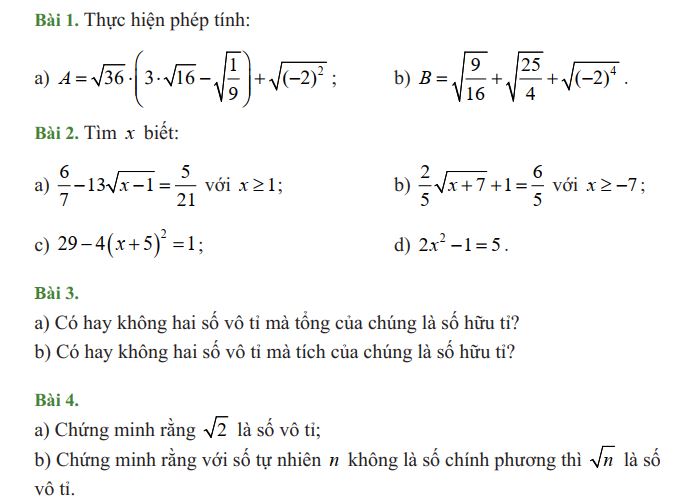 Bài tập số vô tỉ căn bậc hai lớp 7 nâng cao (File số 1)