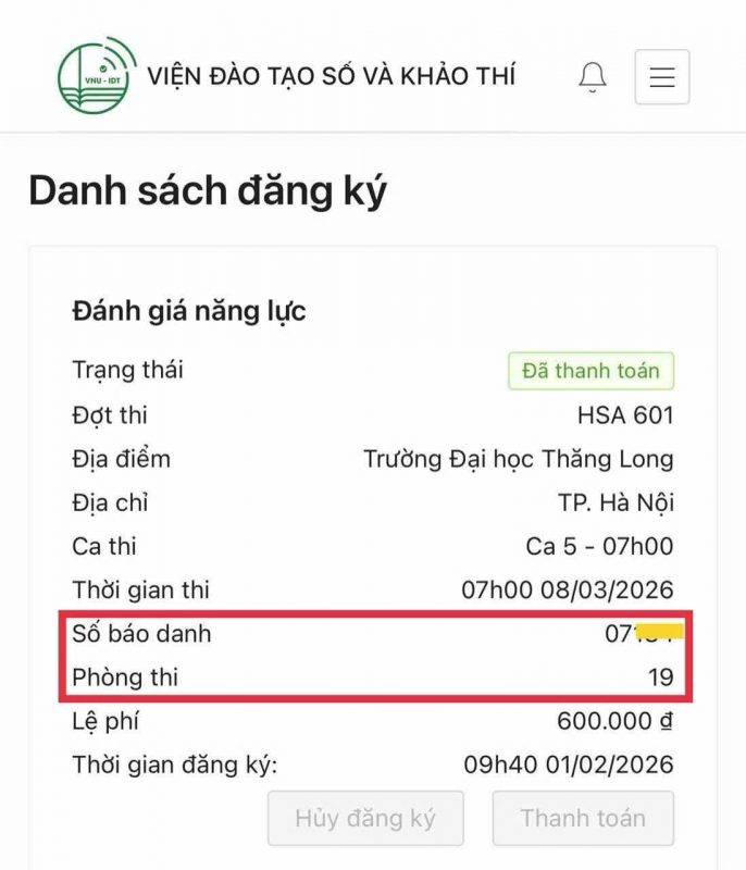 Phiếu đăng ký thành công