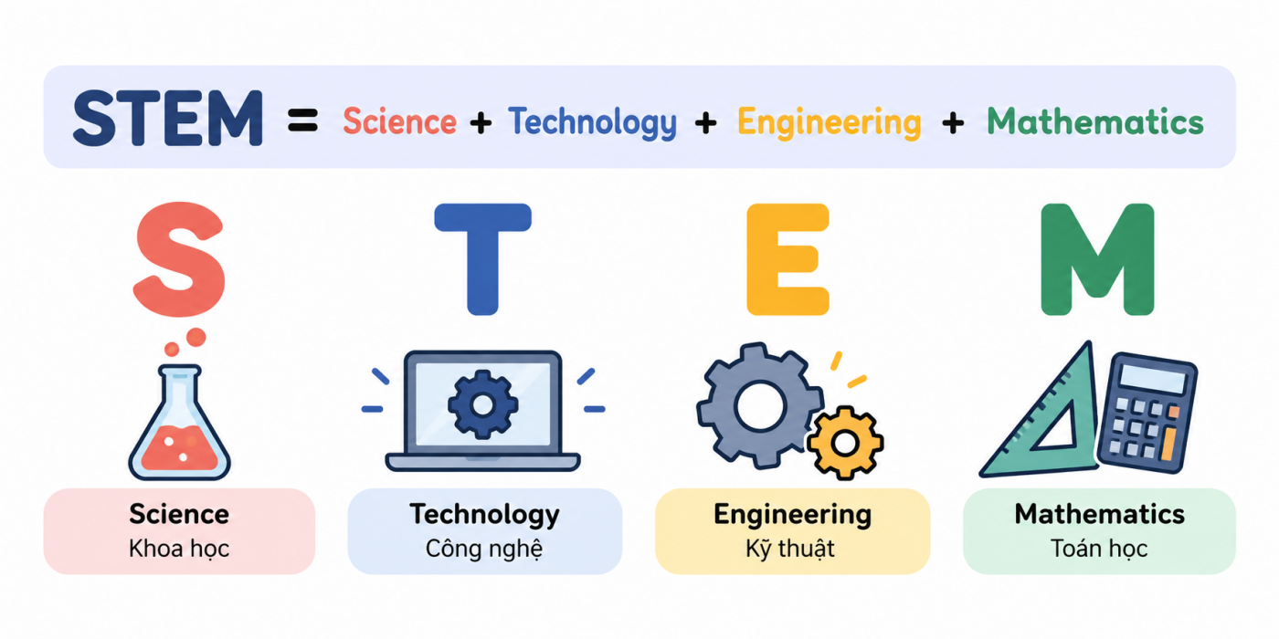 STEM là từ viết tắt được ghép từ bốn lĩnh vực Science, Technology, Engineering và Mathematics